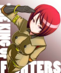  armlet bad_id bad_pixiv_id bangle bracelet breasts female jewelry large_breasts military military_uniform okyou purple_eyes red_hair salute short_hair solo the_king_of_fighters uniform whip_(kof) 