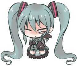  asaki_(pixiv32096) chibi closed_eyes commentary_request female hatsune_miku long_hair lowres panties simple_background skirt solo striped_clothes striped_panties tears thighhighs twintails underwear very_long_hair vocaloid white_background wiping_tears 