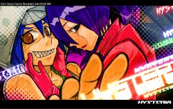  2girls alice_ip blue_hair brown_eyes commentary_request crazy_eyes dance_dance_revolution fingersmile gloves hood hoodie multiple_girls photoshop_(medium) purple_hair ringed_eyes scorccio sharp_teeth sleeveless sleeveless_hoodie teeth text_focus toshiba_emi 