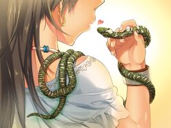  andou_shuki animal black_hair bracelet commentary_request earrings female fingernails ganaha_hibiki hands head_out_of_frame heart idolmaster idolmaster_(classic) jewelry lips long_hair palms snake solo 