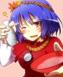  ;) alcohol blue_hair blush breasts brown_eyes commentary_request cup female hair_ornament highres leaf medium_breasts one_eye_closed open_mouth sakazuki sake short_hair simple_background smile solo star_(symbol) tokkuri touhou yasaka_kanako yutamaro 