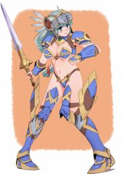  armor bikini bikini_armor blue_armor blue_eyes boots cape commentary_request female gauntlets helmet highres lenneth_valkyrie long_hair silver_hair swimsuit sword thighhighs valkyrie_profile_(series) vuccha weapon 