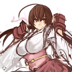  ahoge armor bad_id breasts brown_eyes brown_hair female fighting_stance highres japanese_armor japanese_clothes kote large_breasts long_hair miko musubi panties_(pantsu-pirate) ponytail sash sekirei smile solo wide_sleeves 