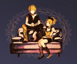  2girls 96neko alternate_hairstyle bad_id bad_pixiv_id bare_shoulders blonde_hair blue_eyes couch frown grin hair_ornament hair_ribbon hairclip indie_utaite kagamine_rin looking_at_viewer multiple_girls own_hands_clasped own_hands_together photoshop_(medium) ribbon shoes short_hair smile tokyo-to_rock_city_(vocaloid) tsuyuxxx utaite vocaloid 