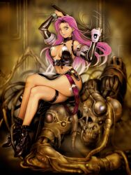  breasts bridal_gauntlets cleavage copyright_request crossed_legs earrings female homare_(fool&#039;s_art) jewelry leather long_hair looking_at_viewer medium_breasts monster pink_hair sitting sitting_on_person whip 