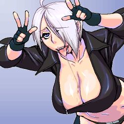  ahe_gao angel_(kof) blue_background blue_eyes breasts clothed double_v drooling female female hair_over_one_eye huge_breasts king_of_fighters large_breasts lowres matagitii navel open_mouth saliva short_hair simple_background snk solo standing teeth tongue tongue_out v white_hair 