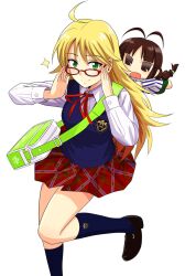  2girls adjusting_eyewear ahoge akizuki_ritsuko bag bespectacled blonde_hair blue_legwear borrowed_clothes braid chibi chicchan commentary_request glasses green_eyes hoshii_miki idolmaster idolmaster_(classic) kneehighs long_hair multiple_girls no_eyewear plaid plaid_skirt pleated_skirt puchimasu! red-framed_eyewear school_uniform shoulder_bag skirt smile socks standing standing_on_one_leg sweater_vest the_best_schoolmate_(idolmaster) tsurui 