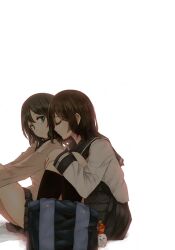  2girls aqua_eyes bad_id bad_pixiv_id bag black_legwear brown_hair closed_eyes comrade_stalin hugging_own_legs kneehighs knees_to_chest long_hair multiple_girls original photoshop_(medium) pleated_skirt profile school_bag school_uniform serafuku simple_background sitting skirt socks sweater_vest white_background 