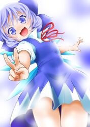  blue_dress blue_eyes blue_hair bow cirno commentary_request dress female from_below hairbow makoto5391 oerba_yun_fang open_mouth partial_commentary photoshop_(medium) pinafore_dress shirt short_hair sleeveless sleeveless_dress smile solo touhou v wings 