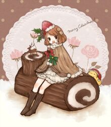  1st-mn :o bow brown_eyes brown_hair christmas commentary_request dress female flower food fruit hair_ornament hairbow hat holly merry_christmas original reindeer rose santa_hat sitting skirt socks solo strawberry yule_log_(cake) 