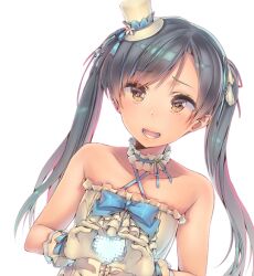  bare_shoulders blue_hair dsmile female hat heart heart_hands idolmaster idolmaster_(classic) kisaragi_chihaya long_hair mini_hat mini_top_hat open_mouth solo top_hat twintails wrist_cuffs 