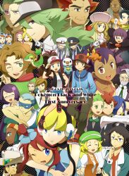  6+boys 6+girls alder_(pokemon) anniversary anthea_(pokemon) aurea_juniper baseball_cap beard bianca_(pokemon) bow bowtie brycen_(pokemon) burgh_(pokemon) caitlin_(pokemon) card cedric_juniper cheren_(pokemon) chili_(pokemon) cilan_(pokemon) clay_(pokemon) commentary_request concordia_(pokemon) cowboy_hat cress_(pokemon) denim denim_shorts drayden_(pokemon) elesa_(pokemon) emmet_(pokemon) english_text facial_hair fennel_(pokemon) flower ghetsis_(pokemon) glasses gloves grimsley_(pokemon) hair_flower hair_ornament hands_in_pockets hat highres hilbert_(pokemon) hilda_(pokemon) holding holding_card ingo_(pokemon) iris_(pokemon) jacket lenora_(pokemon) looking_at_viewer marshal_(pokemon) mask multiple_boys multiple_girls n_(pokemon) nanananona one_eye_closed oshawott peaked_cap pointing pokemon pokemon_(creature) pokemon_bw shauntal_(pokemon) shorts skyla_(pokemon) smile snivy team_plasma team_plasma_grunt tepig traditional_bowtie vest 