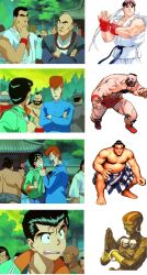  6+boys blanka capcom comparison crossover dhalsim e._honda edmond_honda highres male male_focus multiple_boys street_fighter yu_yu_hakusho yuu_yuu_hakusho zangief 