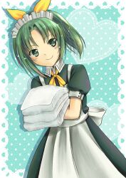  alternate_costume apron blush bow commentary_request enmaided female green_eyes green_hair heart highres holding komikko_(alice) maid maid_headdress midorikawa_nao ponytail precure smile smile_precure solo towel 