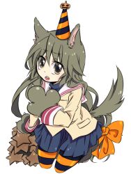  animal_ears animal_hands asaki_(pixiv32096) clannad commentary_request dog_ears dog_tail female hikarizaka_private_high_school_uniform ibuki_fuuko kemonomimi_mode long_hair looking_at_viewer open_mouth pantyhose school_uniform simple_background solo striped_clothes striped_pantyhose tail white_background 