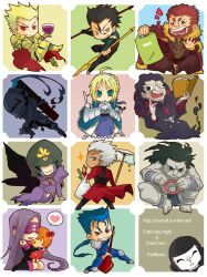  3girls 6+boys alcohol archer_(fate) armor artoria_pendragon_(fate) assassin_(fate/zero) bag berserker_(fate/zero) blindfold character_doll chibi commentary_request cu_chulainn_(fate) cu_chulainn_(fate/stay_night) cup diarmuid_ua_duibhne_(lancer)_(fate) doll drinking_glass fate/stay_night fate/zero fate_(series) gae_bolg_(fate) gae_buidhe_(fate) gae_dearg_(fate) gilgamesh_(fate) gilles_de_rais_(caster)_(fate) grocery_bag hassan_of_the_cursed_arm_(fate) heart heracles_(fate) hug iskandar_(fate) mask medea_(fate) medusa_(fate) medusa_(rider)_(fate) mop multiple_boys multiple_girls polearm saber_(fate) shopping_bag smoking_pipe spear spoken_heart spring_onion tamagokimi watermark weapon web_address wine wine_glass 