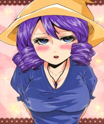  70s between_breasts blue_eyes blush breasts chargeman_ken! dress drill_hair female hat hitomi_(chargeman_ken!) jewelry knack large_breasts long_hair looking_at_viewer love_313 maou_(chargeman_ken!) necklace oldschool open_mouth purple_hair solo witch_hat 