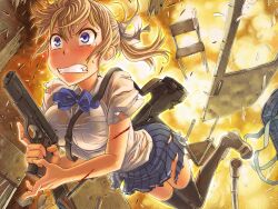  assault_rifle blonde_girl_(itou) blonde_hair blood blue_eyes blush bow bullpup chair commentary_request explosion famas female gun hairbow handgun highres injury itou_(onsoku_tassha) m1911 original ponytail rifle school_uniform skirt solo sweat tears thighhighs torn_clothes trigger_discipline weapon 