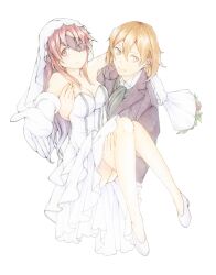  1boy bouquet brown_hair carrying commentary_request couple dress elbow_gloves eyepatch female flower formal gloves high_heels highres long_hair mirai_nikki nishijima_masumi outstretched_hand princess_carry purple_eyes purple_hair shoes smile straight suit tamaki_iori traditional_media uryuu_minene veil wedding_dress 