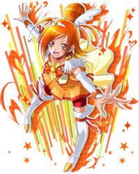  :d bike_shorts bike_shorts_under_skirt choker commentary_request cure_sunny eyelashes female highres hino_akane_(smile_precure!) magical_girl mahkn open_mouth orange_choker orange_hair orange_skirt orange_theme outstretched_arms precure red_shorts short_hair shorts skirt smile smile_precure solo spread_arms star_(symbol) thighhighs white_thighhighs 