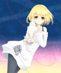  bad_id bad_pixiv_id bare_shoulders black_pantyhose blonde_hair braid cowboy_shot female frayed_clothes gradient hand_on_own_chest hands highres knit_(pop&#039;n_music) lace_background looking_at_viewer outstretched_hand pantyhose pop&#039;n_music short_hair solo stardrop string string_of_fate yellow_eyes 