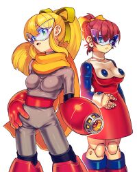  2girls android arm_cannon blonde_hair blue-tinted_eyewear blue_eyes boots bow brown_hair cameltoe cosplay costume_switch doll_joints dress earrings genderswap_(mtf) gloves hairbow hand_on_own_hip jewelry joints knee_boots mega_man_(classic) mega_man_(series) multiple_girls ponytail proto_man proto_man_(cosplay) red_skirt roll_(mega_man) roll_(mega_man)_(cosplay) rule_63 scarf skin_tight skirt sunglasses tinted_eyewear turtleneck weapon zakki 