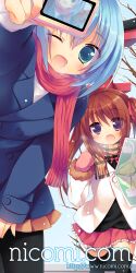  2girls :o ;d aqua_eyes aqua_hair bare_tree blush brown_hair camera coat copyright_name hair_ribbon mittens multiple_girls nicomi.com one_eye_closed open_mouth original plaid plaid_scarf purple_eyes red_scarf ribbon sazaki_ichiri scarf smile snow tree twintails watermark web_address 