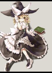  awa_yume blonde_hair blush book bow braid commentary_request curiosities_of_lotus_asia female hairbow hat highres kirisame_marisa letterboxed long_hair open_mouth ribbon shoes solo touhou witch_hat wrist_cuffs yellow_eyes 