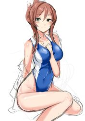  bare_shoulders between_breasts brown_hair competition_swimsuit covered_navel female folded_ponytail green_eyes gundam gundam_build_fighters gundam_build_fighters_try haik hair_bun hand_between_breasts highres kamiki_mirai one-piece_swimsuit red_hair solo swimsuit 