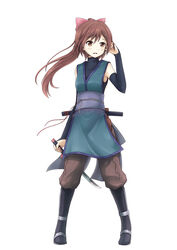  :d armpits asakurashinji bow brown_eyes brown_hair commentary_request commission elbow_pads female hair_ribbon hairbow highres holding japanese_clothes long_hair looking_at_viewer ninja ninjatou open_mouth original photoshop_(medium) ponytail ribbon short_sword simple_background smile solo sword weapon white_background wind 