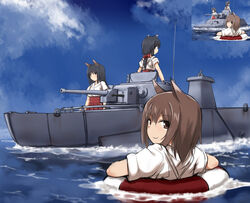  3girls animal_ears black_eyes black_hair brown_eyes brown_hair commentary_request dog_ears highres hu_sea imperial_japanese_navy long_hair looking_at_viewer looking_back military military_vehicle motor_vehicle multiple_girls ocean original photoshop_(medium) smile special_type_2_launch_ka-mi tank uniform water 