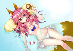  2girls ahoge animal_costume animal_ears artoria_pendragon_(fate) ass_visible_through_thighs bad_id bad_pixiv_id bell bikini blonde_hair blush breasts chibi cleavage collar fate/extra fate_(series) fox_ears fox_tail from_above green_eyes groin highres large_breasts lion_costume long_hair looking_at_another midriff multiple_girls nanakusa_amane navel neck_bell official_alternate_costume partially_submerged pink_hair saber_(fate) saber_lion short_hair side-tie_bikini_bottom smile swimsuit tail tamamo_(fate) tamamo_no_mae_(fate/extra) tamamo_no_mae_(sexy_bikini)_(fate) tassel thigh_gap water white_bikini yellow_eyes 