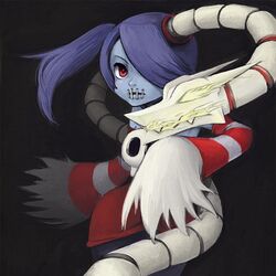  bad_id bad_pixiv_id bare_shoulders blue_hair blue_skin colored_skin commentary_request detached_sleeves female glowing glowing_eyes hair_over_one_eye jonii_(hikarukun) leviathan_(skullgirls) long_hair long_skirt object_through_head photoshop_(medium) red_eyes side_ponytail skirt skull skullgirls solo squigly_(skullgirls) stitched_mouth stitches striped striped_sleeves yellow_eyes zombie 