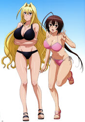  2girls absurdres ahoge arm_at_side arms_under_breasts ass_visible_through_thighs bikini black_bikini black_footwear blonde_hair blue_background blue_eyes blush breast_hold breasts brown_eyes brown_hair cleavage collarbone cross-laced_footwear crossed_arms feet frown full_body gradient_background groin hair_between_eyes hair_intakes halterneck hand_up highres hip_focus holding_own_arm huge_ahoge large_breasts leaning_forward leg_up legs long_hair low_ponytail multiple_girls musubi navel official_art open_mouth page_number photoshop_(medium) pink_bikini pink_footwear ponytail sandals scan scowl sekirei side-tie_bikini_bottom sideboob smile standing standing_on_one_leg straight_hair string_bikini swimsuit thighs tsukiumi v-shaped_eyebrows very_long_hair w wavy_hair white_background wide_hips 