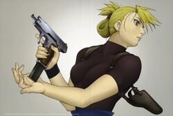  absurdres armpit_holster blonde_hair breasts brown_eyes earrings female female fullmetal_alchemist gun handgun highres holster jewelry locked_slide magazine_(weapon) marksman military military_uniform pistol reloading riza_hawkeye scan semiautomatic short_hair simple_background solo standing trigger_discipline uniform wallpaper weapon 