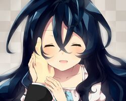  black_hair blush closed_eyes commentary_request female hand_on_another&#039;s_cheek hand_on_another&#039;s_face happy hyoubu_kyousuke long_hair open_mouth shirase_(azure) smile solo_focus the_unlimited:_hyoubu_kyousuke yuugiri_(zettai_karen_children) zettai_karen_children 