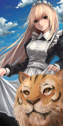  absurdres apron bad_id bad_pixiv_id blonde_hair cloud day dress exfeet female green_eyes highres long_hair maid maid_headdress original skirt_hold sky solo tiger 