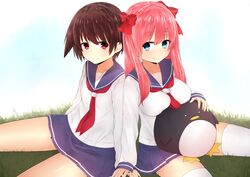  2girls akky_(akimi1127) blue_eyes bow breasts brown_hair haramura_nodoka long_hair miyanaga_saki pink_hair red_eyes saki seifuku short_hair shoujo_ai thighhighs twintails zettai_ryouiki 