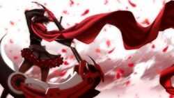  aliasing brown_hair cape female gray_eyes hood lolita_fashion mioshiki petals rose_petals ruby_rose rwby scythe short_hair silver_eyes smile weapon 