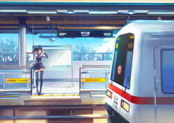  black_hair erich original ponytail red_hair scenic thighhighs train zettai_ryouiki 