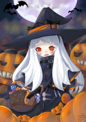  :d abyssal_ship alternate_costume bat_(animal) capelet colored_skin commentary_request female halloween hat highres horns jack-o&#039;-lantern kantai_collection kuronekozero long_hair looking_at_viewer northern_ocean_princess oerba_yun_fang open_mouth photoshop_(medium) red_eyes smile solo white_hair white_skin witch_hat 