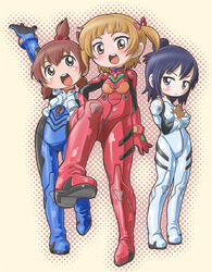  3girls animal ayanami_rei ayanami_rei_(cosplay) blush bodysuit brown_eyes brown_hair chikubi commentary_request cosplay hair_bobbles hair_bun hair_ornament hamster ikari_shinji ikari_shinji_(cosplay) kiichi marui_futaba marui_hitoha marui_mitsuba mitsudomoe_(manga) multiple_girls neon_genesis_evangelion plugsuit purple_eyes purple_hair single_hair_bun souryuu_asuka_langley souryuu_asuka_langley_(cosplay) tri_tails twintails white_bodysuit 