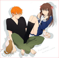  1boy :o bad_id bad_pixiv_id barefoot black_legwear blush border brown_hair casual character_name clenched_hand copyright_name embarrassed feline female fruits_basket full_body green_pants hair_ribbon half-closed_eyes half_updo honda_tohru indian_style kneehighs long_hair no_shoes oda_kazuomi orange_hair pants photoshop_(medium) ribbon school_uniform serafuku shadow short_hair short_sleeves sitting socks souma_kyou white_background 