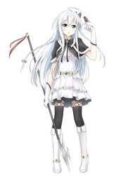  ahoge asakurashinji bow braid commentary_request female gloves grey_eyes hair_ribbon hairbow highres holding long_hair looking_at_viewer original parted_lips polearm ribbon simple_background single_braid solo spear weapon white_background white_gloves white_hair 