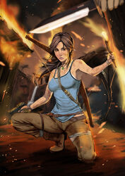  bad_id bad_pixiv_id bare_shoulders bow_(weapon) breasts brown_eyes brown_hair copyright_name female fire full_body gun handgun highres jewelry knife kuruma_hajime lara_croft lips long_hair medium_breasts necklace on_one_knee pixiv_tomb_raider_contest solo tomb_raider tomb_raider_(reboot) weapon 