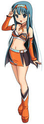  :d aqua_eyes aqua_hair bare_legs bare_shoulders boots detached_sleeves female hairband inging_motorsport long_hair midriff navel open_mouth project_mu race_queen skirt smile solo v yamaguchi_miu 