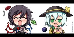  2girls asymmetrical_wings black_hair bow censored chibi closed_eyes commentary_request green_eyes green_hair hat hat_ribbon heart heart_hands houjuu_nue komeiji_koishi letterboxed mosaic_censoring multiple_girls open_mouth polearm ribbon short_hair smile third_eye touhou trident ufo weapon wings woofey 