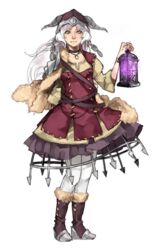  boots borrowed_character c-r-y-s cecilia_(acerailgun) commentary commission english_commentary fake_horns female full_body fur_trim helmet horned_helmet horns jewelry lantern long_hair original pendant sitting skirt solo white_background white_hair witch yellow_eyes 