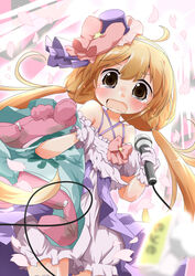  blonde_hair bloomers brown_eyes commentary_request dress female futaba_anzu hat idolmaster idolmaster_cinderella_girls long_hair low_twintails microphone mini_hat petals soutsuki_naru stuffed_animal stuffed_rabbit stuffed_toy tears twintails underwear very_long_hair 