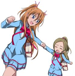  2girls =_= aria_gakuen_school_uniform bag blue_eyes blue_shirt blue_skirt blush bow bowtie brown_hair commentary_request hair_bobbles hair_ornament haiteku houjou_hibiki long_hair minamino_kanade multiple_girls open_mouth orange_hair partial_commentary precure school_uniform shirt simple_background skirt suite_precure two_side_up white_background 